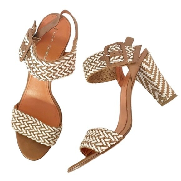 Via Spiga Woven Leather Heeled Ankle Strap Sandal Tan & White Women’s Size 9.5 - Picture 12 of 12